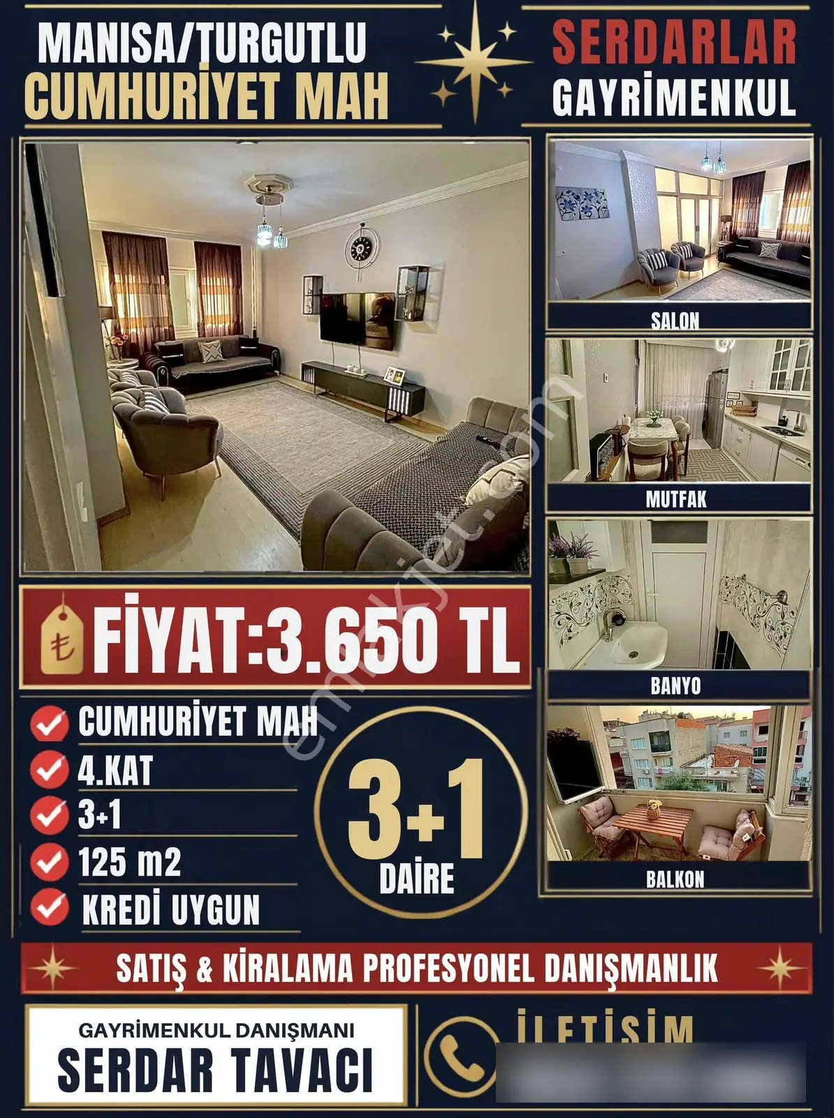 Serdarlar Gayrimenkul'Den 130 M2 Bakımlı 3+1