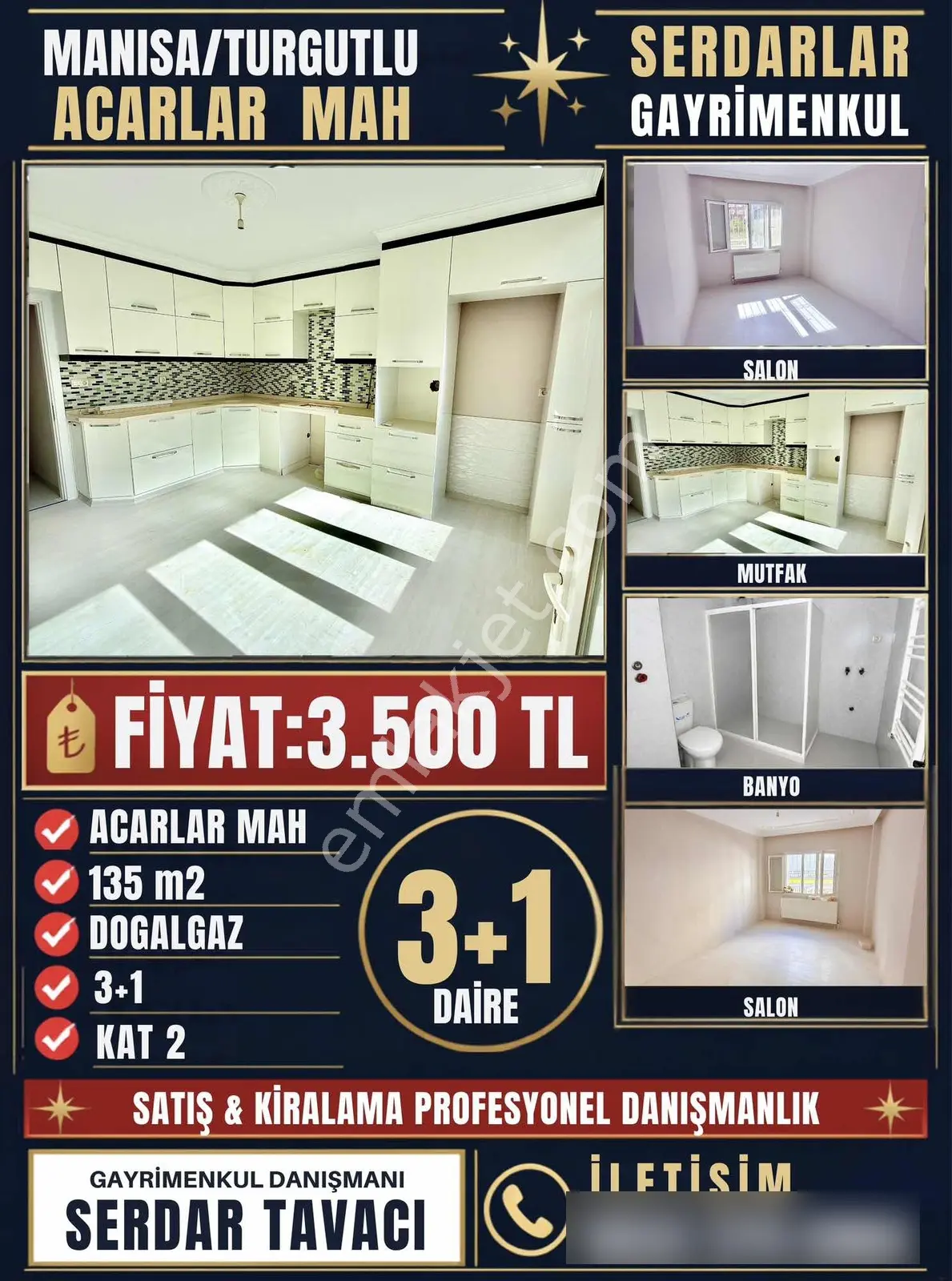 Acarlar Mah Zeminüstü 2.Kat 135 M2 Temiz Bakımlı