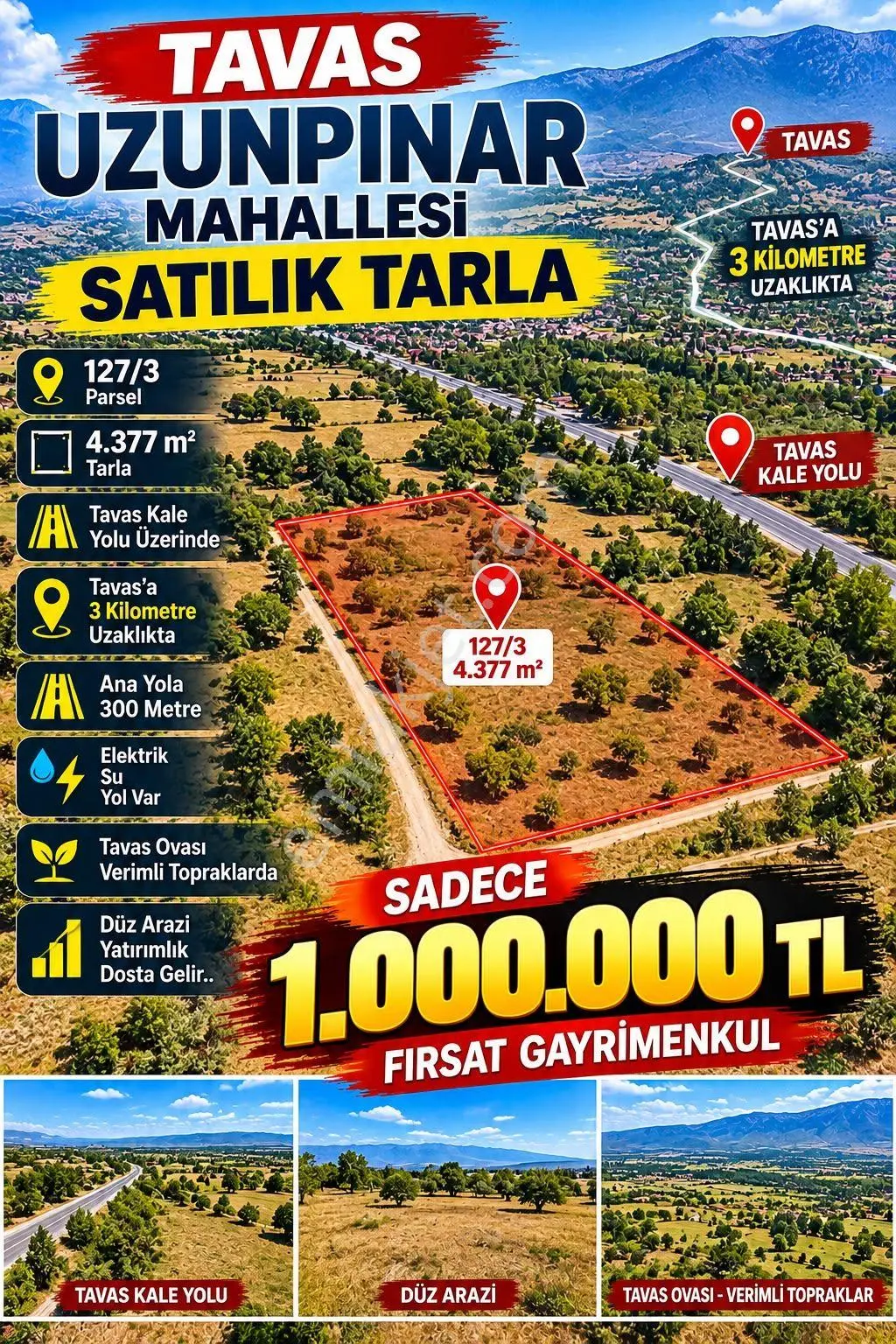 Tavas Medet'Te Satılık 4377 M² Yol Üstü Tarla