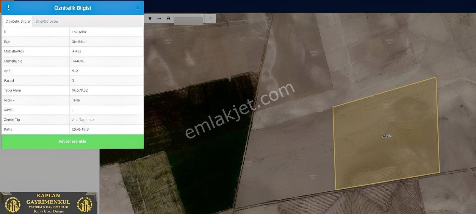 Eskişehir Sivrihisar Aktaş Mahallesinde 96.578 M² Satılık Tarla