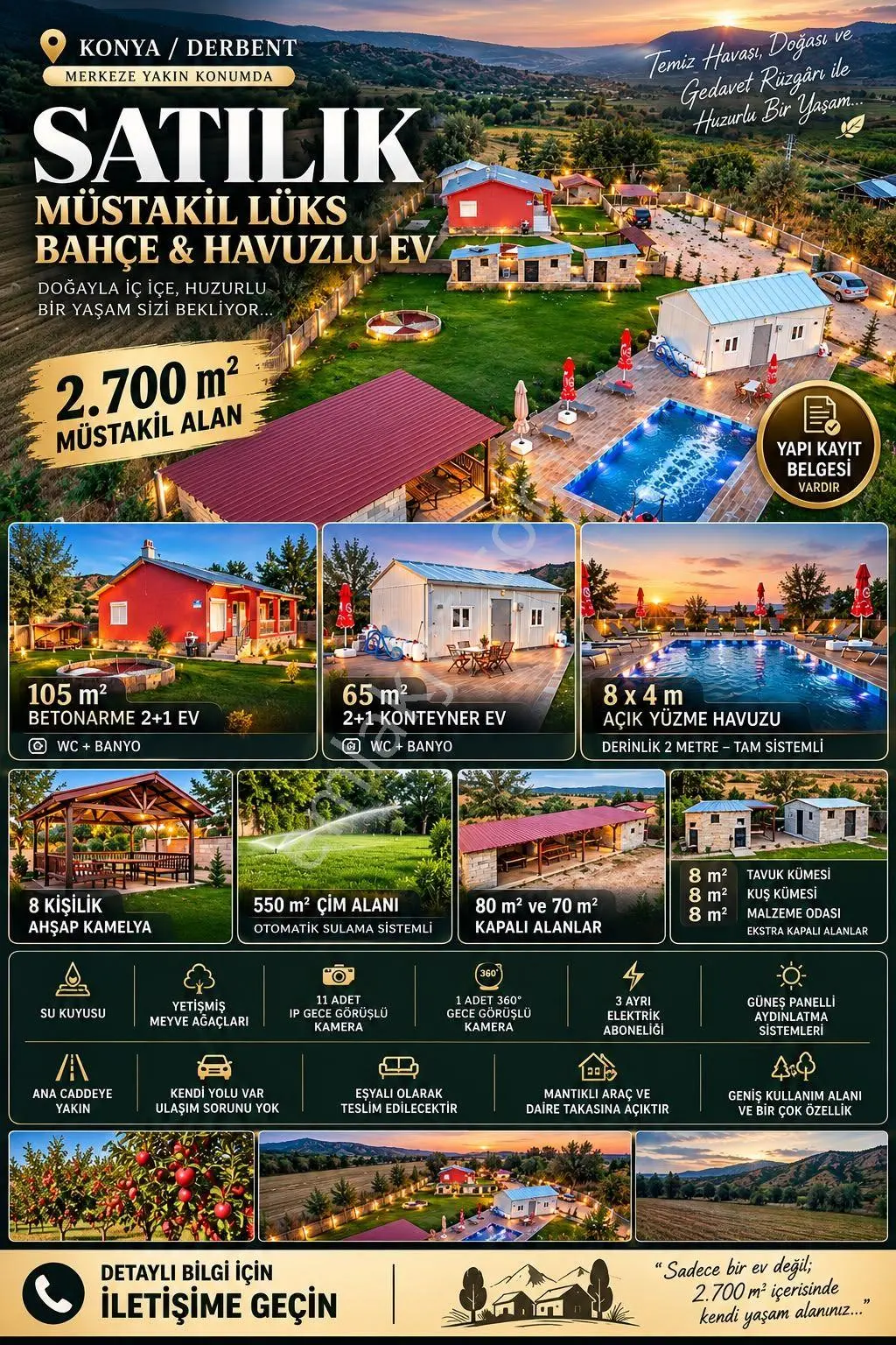 Konya Merkeze Yakın Derbent'Te Satılık Müstakil Lüks Bahçe Havuzlu Ev Yapıkayıt...