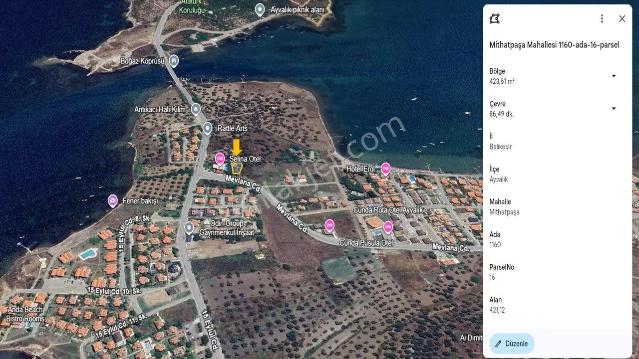 Ayvalık Cunda Satılık 421 M² Yola Sıfır Zeytinlik