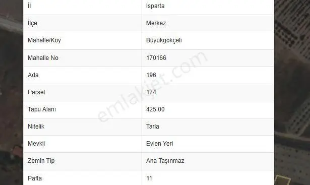 Isparta Büyükgökçeli'de 425m2 Satılık Tarla — fotoğraf 4