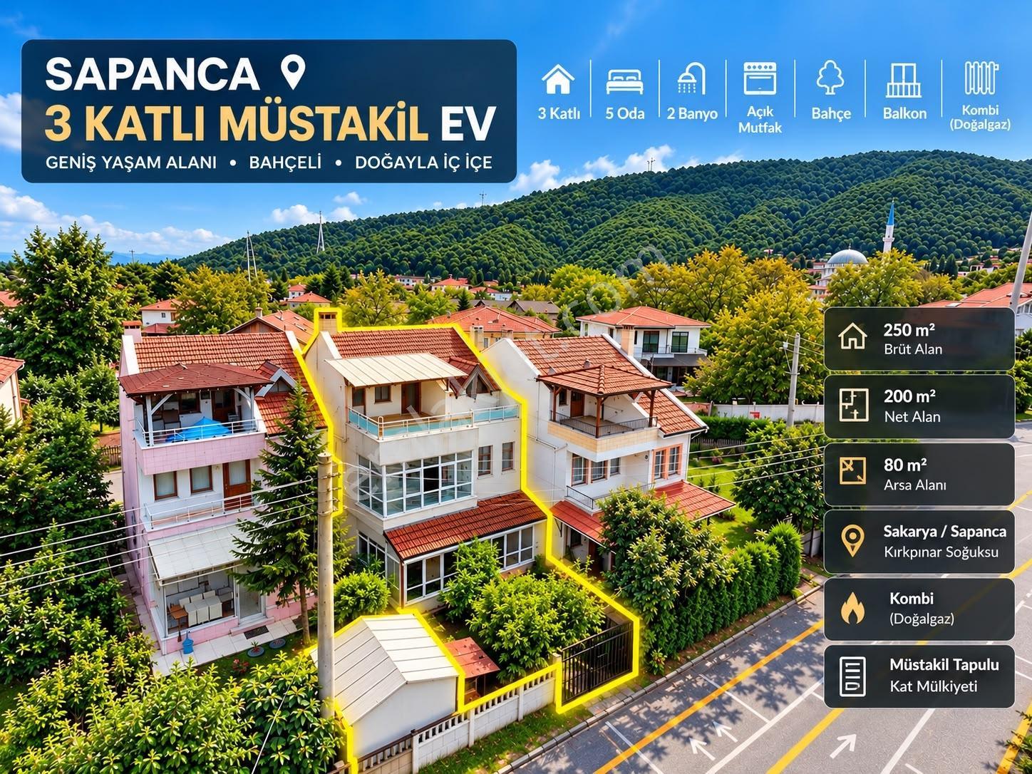 Sapanca Kırkpınarda 3 Katlı Bahçeli 5+2 Satılık Müstakil Ev