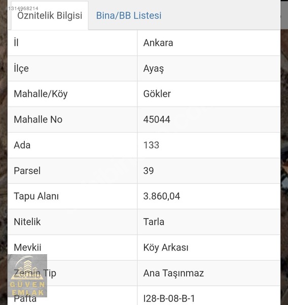 Ayaş Gökler Mahallesi Köy İçi Hisseli Tarla 643 Metrekare