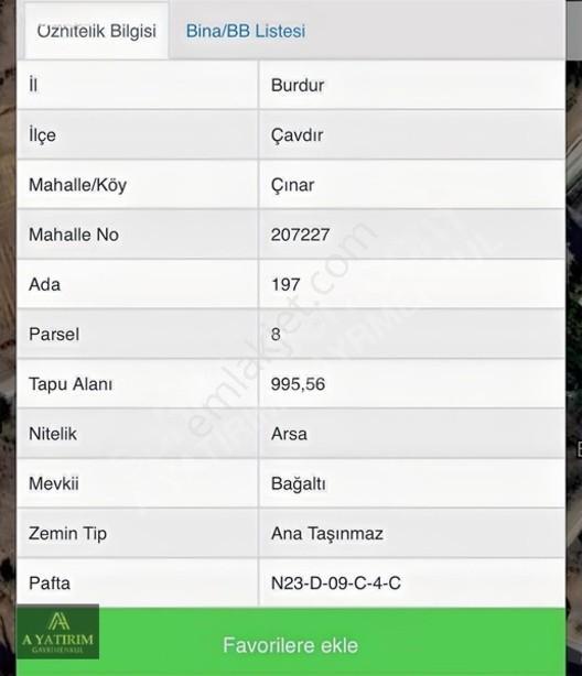 A Yatırımdan Burdır Çavdır Da 996 M2 Arsa 5250000 Tl.
