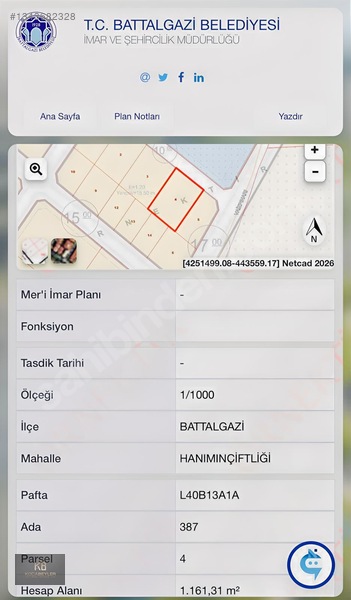 Malatya Battalgazi Hanımınçiftliğinde 1161 M2 5 Kat İmarlı Arsa — fotoğraf 3