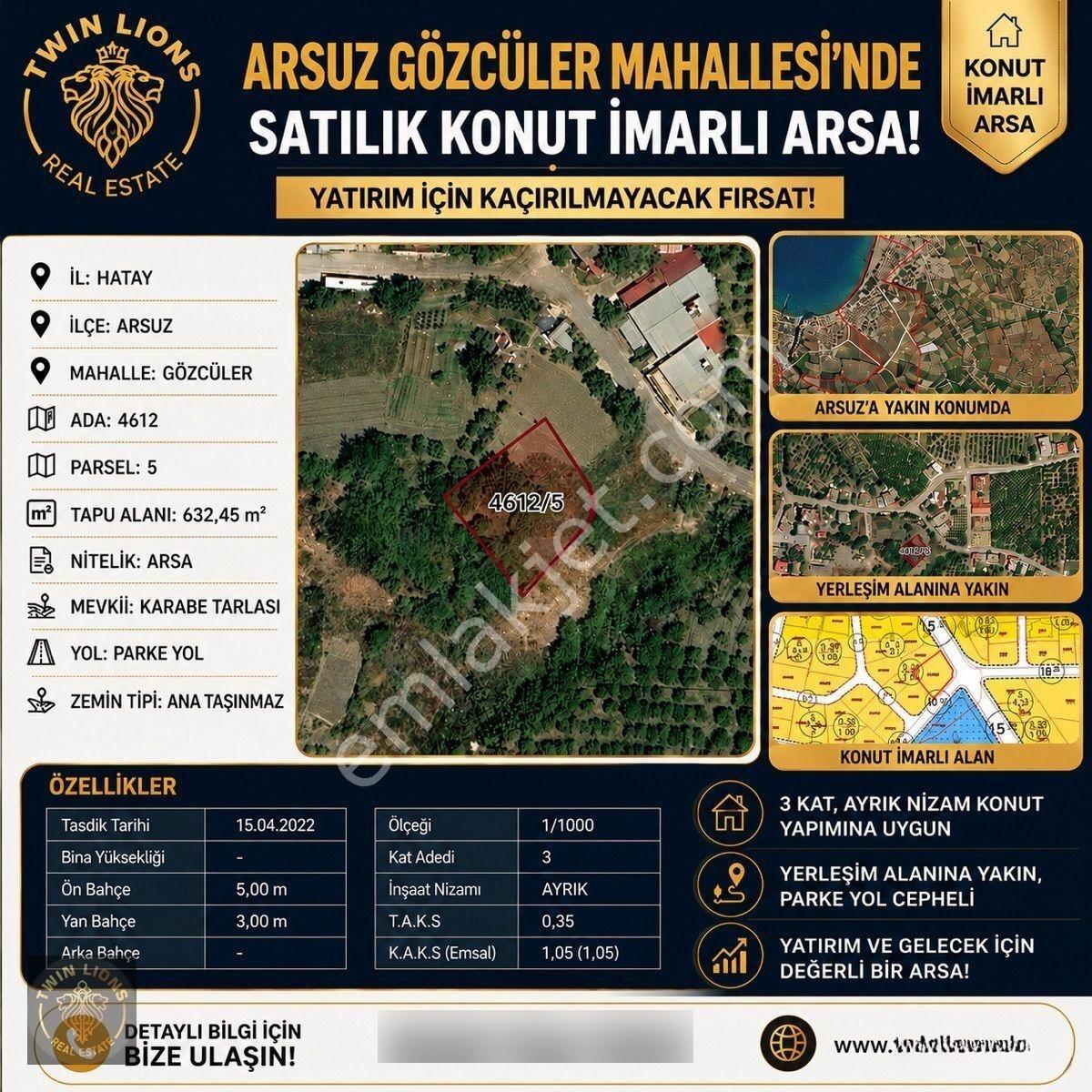 Arsuz Gözcüler Mahallesinde Satılık 632 M2 Konut İmarlı Arsa