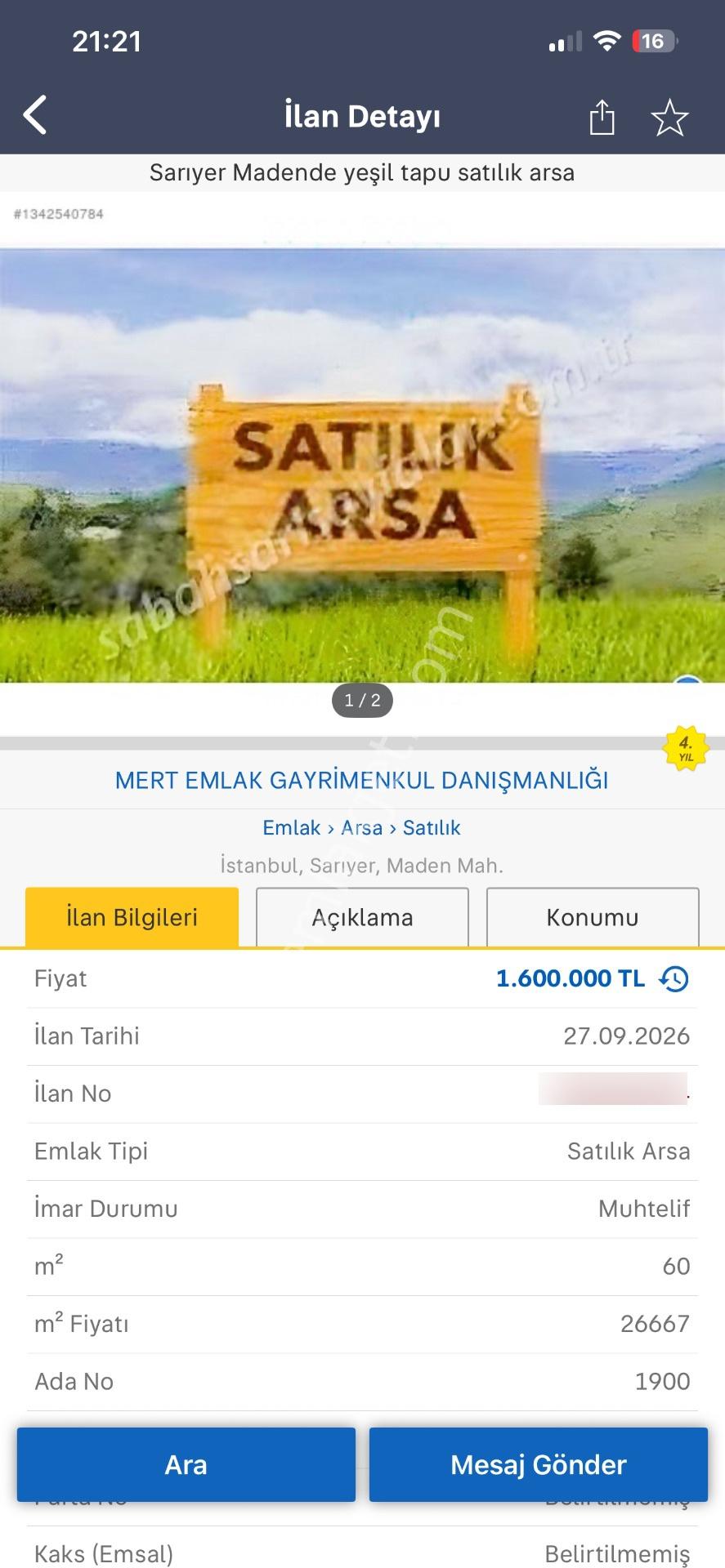 Sarıyer,Kısırkaya Da Satılık Arsa