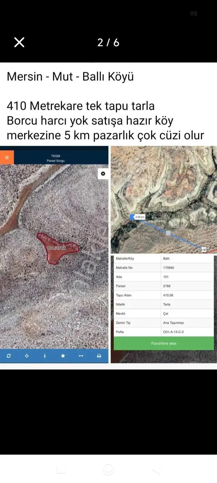 Aydın'dan Mut Ballı Köyün' De 410 M² Acil Satılık Tarla — fotoğraf 6